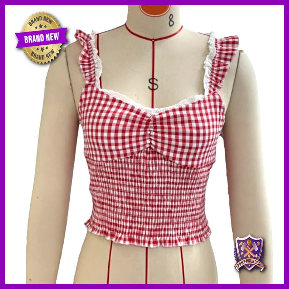 Gingham Crop Tank Top Vintage Y2K Backless Sleeveless Plaid Cami Summer - Picture 6 of 7